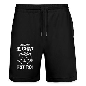 Chez moi le chat est roi - Short de jogging bio TRAINER Stanley/Stella unisexe - noir - Devant - Nik (191cm) & Marisol (170cm)
