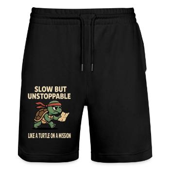 Slow but unstoppable Like a turtle on a mission - Stanley/Stella Trainer Unisex Organic Jogging Shorts - black - Front - Nik (191cm) & Marisol (170cm)