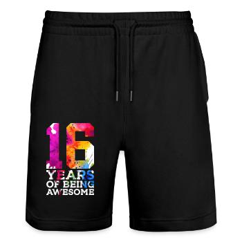 16 YEARS OF BEING AWESOME 16. GEBURTSTAG - Stanley/Stella Unisex Bio Joggingshorts Trainer  - Schwarz - Vorne - Nik (191cm) & Marisol (170cm)
