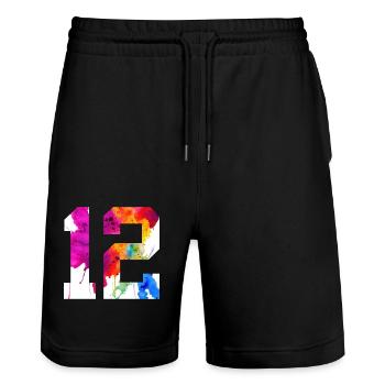 NUMMER 12 JAHRE ALT 12. GEBURTSTAG - Stanley/Stella Unisex Bio Joggingshorts Trainer  - Schwarz - Vorne - Nik (191cm) & Marisol (170cm)