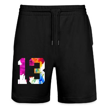 NUMMER 13 JAHRE ALT 13. GEBURTSTAG - Stanley/Stella Unisex Bio Joggingshorts Trainer  - Schwarz - Vorne - Nik (191cm) & Marisol (170cm)