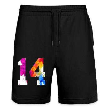 NUMMER 14 JAHRE ALT 14. GEBURTSTAG - Stanley/Stella Unisex Bio Joggingshorts Trainer  - Schwarz - Vorne - Nik (191cm) & Marisol (170cm)