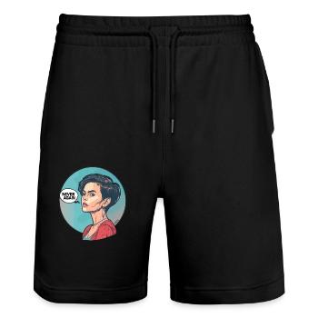 Dessin animé Pop Art : Une femme dit « Plus jamais » - Short de jogging bio TRAINER Stanley/Stella unisexe - noir - Devant - Nik (191cm) & Marisol (170cm)