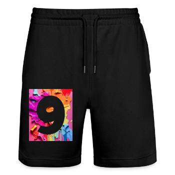 NR. 9 NUMMER 9 BUNT 9. GEBURTSTAG - Stanley/Stella Unisex Bio Joggingshorts Trainer  - Schwarz - Vorne - Nik (191cm) & Marisol (170cm)