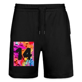 NR. 14 NUMMER 14 BUNT 14. GEBURTSTAG - Stanley/Stella Unisex Bio Joggingshorts Trainer  - Schwarz - Vorne - Nik (191cm) & Marisol (170cm)