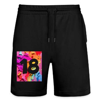 NO. 18 NUMBER 18 COLORFUL 18TH BIRTHDAY - Stanley/Stella Trainer Unisex Organic Jogging Shorts - black - Front - Nik (191cm) & Marisol (170cm)