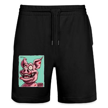 Verrücktes lustiges WTF Cartoon Schwein - Stanley/Stella Unisex Bio Joggingshorts Trainer  - Schwarz - Vorne - Nik (191cm) & Marisol (170cm)