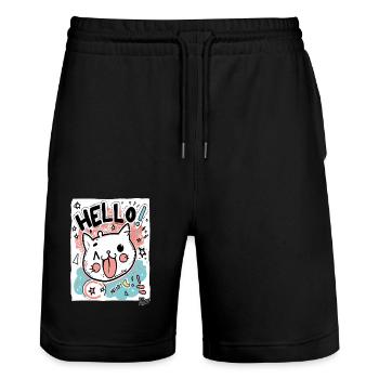 Mignon petit chat blanc dit bonjour - Short de jogging bio TRAINER Stanley/Stella unisexe - noir - Devant - Nik (191cm) & Marisol (170cm)