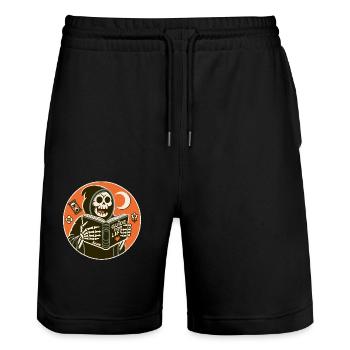 Grim Reaper reads guidebook book for life - Stanley/Stella Trainer Unisex Organic Jogging Shorts - black - Front - Nik (191cm) & Marisol (170cm)