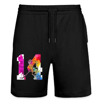 NUMMER 14 EISHOCKEY 14. GEBURTSTAG - Stanley/Stella Unisex Bio Joggingshorts Trainer  - Schwarz - Vorne - Nik (191cm) & Marisol (170cm)