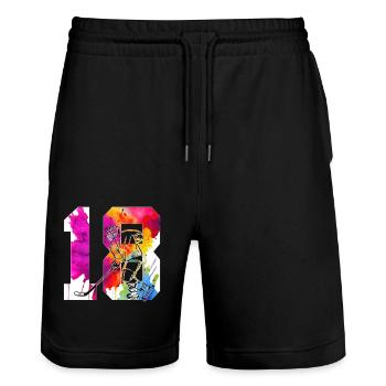 NUMMER 18 EISHOCKEY 18. GEBURTSTAG - Stanley/Stella Unisex Bio Joggingshorts Trainer  - Schwarz - Vorne - Nik (191cm) & Marisol (170cm)