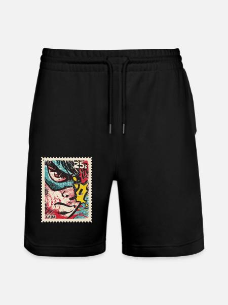 Comic-Held als Retro-Briefmarke - Stanley/Stella Unisex Bio Joggingshorts Trainer - Schwarz