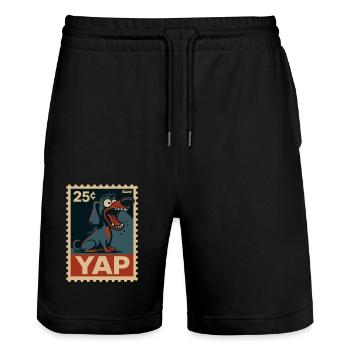 Comic Dackel auf Briefmarke mit Yap - Stanley/Stella Unisex Bio Joggingshorts Trainer  - Schwarz - Vorne - Nik (191cm) & Marisol (170cm)