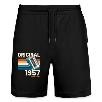 66th Birthday December Vintage 1957 Cassette Tape - Stanley/Stella Trainer Unisex Organic Jogging Shorts - black - Front - Nik (191cm) & Marisol (170cm)