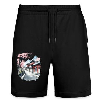 Japan Vintage Aesthetic Retro Streetwear Design - Stanley/Stella Trainer Unisex Organic Jogging Shorts - black - Front - Nik (191cm) & Marisol (170cm)