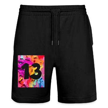 NR. 13 NUMMER 13 BUNT 13. GEBURTSTAG - Stanley/Stella Unisex Bio Joggingshorts Trainer  - Schwarz - Vorne - Nik (191cm) & Marisol (170cm)