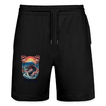 Vintage Vaporwave Style Japanese Dragon Art - Stanley/Stella Trainer Unisex Organic Jogging Shorts - black - Front - Nik (191cm) & Marisol (170cm)