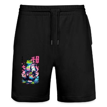 Samurai Frog Aesthetic Vaporwave Style Japan - Stanley/Stella Trainer Unisex Organic Jogging Shorts - black - Front - Nik (191cm) & Marisol (170cm)