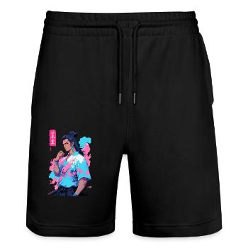 Aesthetic Vaporwave Style Japanese Samurai - Stanley/Stella Trainer Unisex Organic Jogging Shorts - black - Front - Nik (191cm) & Marisol (170cm)