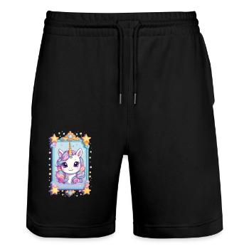 Lustige Einhörner Pastell Farben Einhorn Liebhaber - Stanley/Stella Unisex Bio Joggingshorts Trainer  - Schwarz - Vorne - Nik (191cm) & Marisol (170cm)