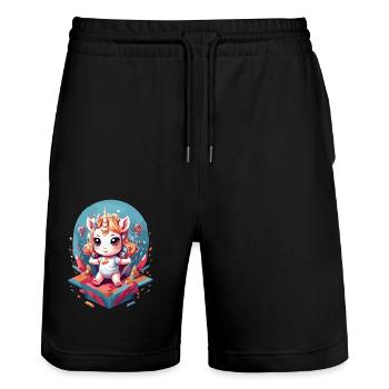 Design unique de licorne mignonne d’anniversaire - Short de jogging bio TRAINER Stanley/Stella unisexe - noir - Devant - Nik (191cm) & Marisol (170cm)