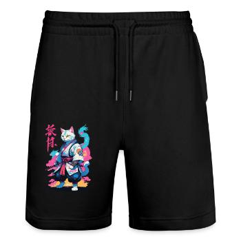 Chat samouraï Vaporwave Esthétique Japon Art - Short de jogging bio TRAINER Stanley/Stella unisexe - noir - Devant - Nik (191cm) & Marisol (170cm)