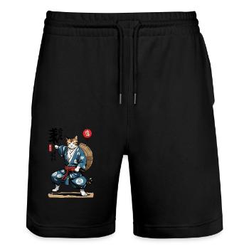 Samurai Katze Vintage Ukiyo-E Asiatischer Stil - Stanley/Stella Unisex Bio Joggingshorts Trainer  - Schwarz - Vorne - Nik (191cm) & Marisol (170cm)