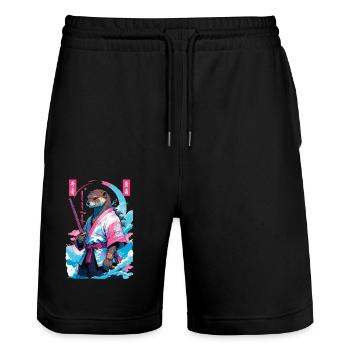 Samurai Otter Aesthetic Vaporwave Asiatischer Stil - Stanley/Stella Unisex Bio Joggingshorts Trainer  - Schwarz - Vorne - Nik (191cm) & Marisol (170cm)