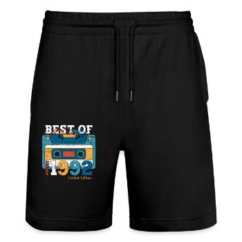 32. Geburtstag Kassette August 1992 Jahrgang 1992 - Stanley/Stella Unisex Bio Joggingshorts Trainer  - Schwarz - Vorne - Nik (191cm) & Marisol (170cm)
