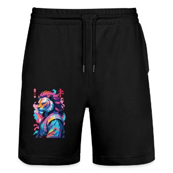 Samurai Lion Aesthetic Vaporwave Style - Stanley/Stella Trainer Unisex Organic Jogging Shorts - black - Front - Nik (191cm) & Marisol (170cm)