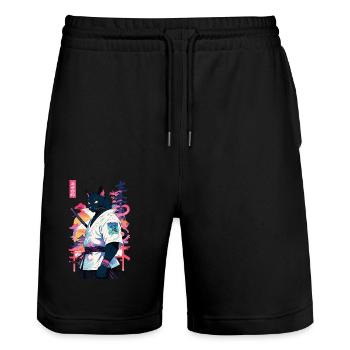 Chat samouraï Vaporwave Esthétique Japon Art - Short de jogging bio TRAINER Stanley/Stella unisexe - noir - Devant - Nik (191cm) & Marisol (170cm)