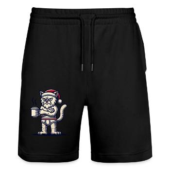 Funny grumpy Christmas cat with coffee - Stanley/Stella Trainer Unisex Organic Jogging Shorts - black - Front - Nik (191cm) & Marisol (170cm)