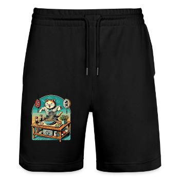 Ramen Nudeln Retro Katze Kawaii Chefkoch Japan - Stanley/Stella Unisex Bio Joggingshorts Trainer  - Schwarz - Vorne - Nik (191cm) & Marisol (170cm)