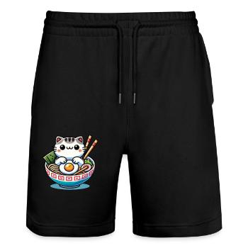 Kawaii Cat in Ramen Bowl Streetwear - Stanley/Stella Trainer Unisex Organic Jogging Shorts - black - Front - Nik (191cm) & Marisol (170cm)