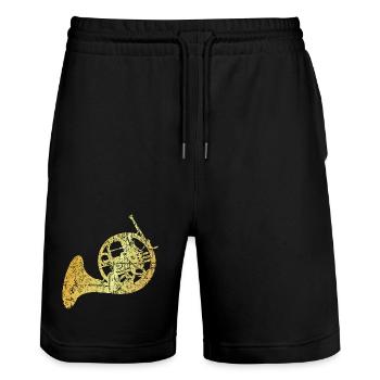 French Horn, Jagdhorn, Horn (Goldgelb) - Stanley/Stella Unisex Bio Joggingshorts Trainer  - Schwarz - Vorne - Nik (191cm) & Marisol (170cm)