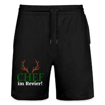 Chef im Revier - Jäger Design - Stanley/Stella Unisex Bio Joggingshorts Trainer  - Schwarz - Vorne - Nik (191cm) & Marisol (170cm)