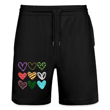 Colorful Doodle Hearts Pattern - Stanley/Stella Trainer Unisex Organic Jogging Shorts - black - Front - Nik (191cm) & Marisol (170cm)
