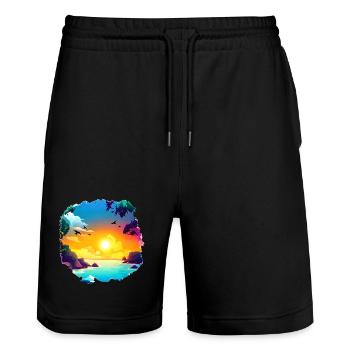 Summer Sunset Beach Watercolor - Stanley/Stella Trainer Unisex Organic Jogging Shorts - black - Front - Nik (191cm) & Marisol (170cm)