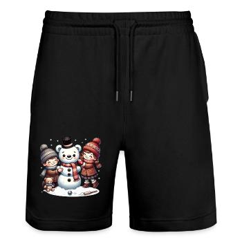 Winterspaß: Kinder bauen einen Teddy-Schneemann - Stanley/Stella Unisex Bio Joggingshorts Trainer  - Schwarz - Vorne - Nik (191cm) & Marisol (170cm)