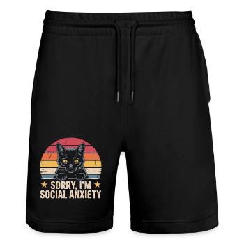 Retro-Katze schwarze Katze soziale Angst - Stanley/Stella Unisex Bio Joggingshorts Trainer  - Schwarz - Vorne - Nik (191cm) & Marisol (170cm)