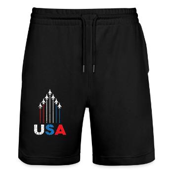 Amerikanische Flagge USA Flugzeug Düsenjäger 4. Juli - Stanley/Stella Unisex Bio Joggingshorts Trainer  - Schwarz - Vorne - Nik (191cm) & Marisol (170cm)