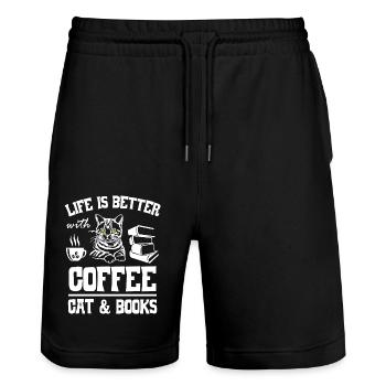 Life is Better with Coffee Cat and Books - Stanley/Stella Unisex Bio Joggingshorts Trainer  - Schwarz - Vorne - Nik (191cm) & Marisol (170cm)