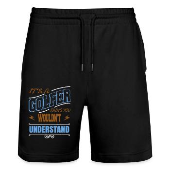 GolfGift Cool Happy GolfClothing BoysGolf GolfKids - Stanley/Stella Trainer Unisex Organic Jogging Shorts - black - Front - Nik (191cm) & Marisol (170cm)