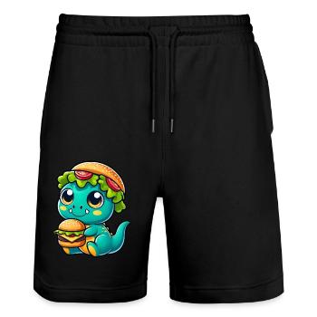 Whimsical dinosaur T-Rex with pumpkin hat - Stanley/Stella Trainer Unisex Organic Jogging Shorts - black - Front - Nik (191cm) & Marisol (170cm)