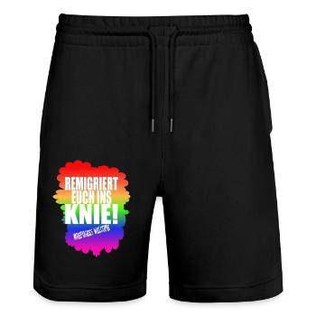 AfD stoppen gegen rechts Demokratie Vielfalt links - Stanley/Stella Unisex Bio Joggingshorts Trainer  - Schwarz - Vorne - Nik (191cm) & Marisol (170cm)
