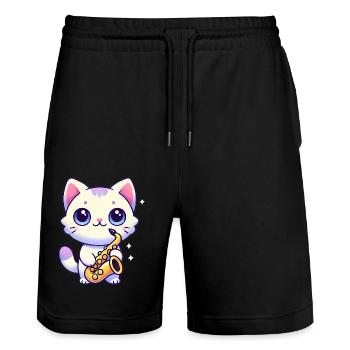 Adorable chat avec graphique de saxophone - Short de jogging bio TRAINER Stanley/Stella unisexe - noir - Devant - Nik (191cm) & Marisol (170cm)