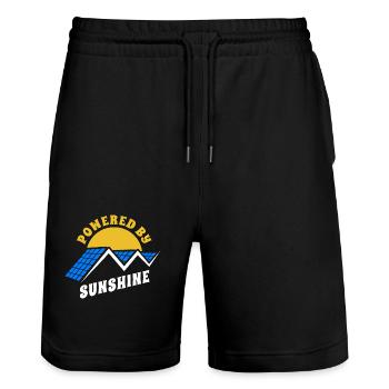 Powered by sunshine, Photovoltaics - Solar Energy - - Stanley/Stella Trainer Unisex Organic Jogging Shorts - black - Front - Nik (191cm) & Marisol (170cm)