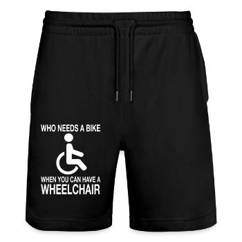 Fauteuil roulant Utilisateur de fauteuil roulant Humour handicap - Short de jogging bio TRAINER Stanley/Stella unisexe - noir - Devant - Nik (191cm) & Marisol (170cm)