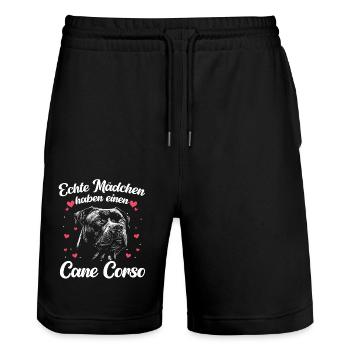 Hunde Cane Corso Italiano Hund - Stanley/Stella Unisex Bio Joggingshorts Trainer  - Schwarz - Vorne - Nik (191cm) & Marisol (170cm)
