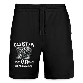 V8 Motor 8 Zylinder Hubraum Auto Tuning Tuner - Stanley/Stella Unisex Bio Joggingshorts Trainer  - Schwarz - Vorne - Nik (191cm) & Marisol (170cm)